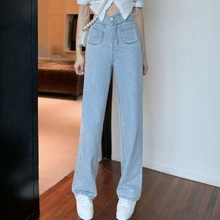 Embellished Washed Straight Leg Jeans