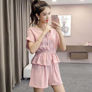 Set: Short-sleeve V-neck Lace Panel Top + Shorts