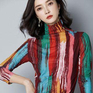 Long-sleeve Turtleneck Striped Mesh Top