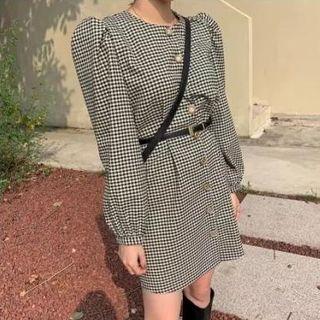 Puff-sleeve Single Breasted Plaid Dress