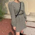 Puff-sleeve Single Breasted Plaid Dress