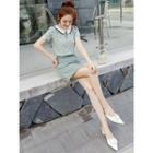 Set: Dotted Short-sleeve Blouse + High-waist A-line Skirt