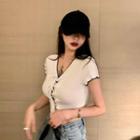 Contrast Trim Short-sleeve Lace-up Cropped T-shirt White - One Size