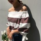 Striped Off-shoulder Puff Elbow-sleeve Top