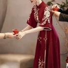 Short-sleeve Floral Embroidered Midi Bridal Qipao