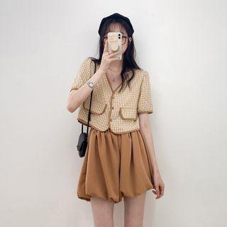 V-neck Plaid Button-up Blouse / High-waist Plain Wide Leg Shorts