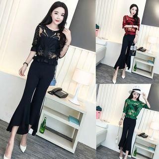 Set: Elbow-sleeve Lace Top + Tube Top + Boot-cut Cropped Pants
