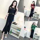 Set: Elbow-sleeve Lace Top + Tube Top + Boot-cut Cropped Pants