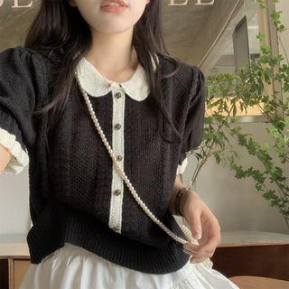 Puff-sleeve Collar Two-tone Knit Top