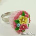 Sweet Pink Floral Mini Cupcake Silver Ring