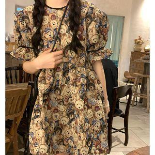 Puff-sleeve Bear Printed Midi Dress Dress - One Size