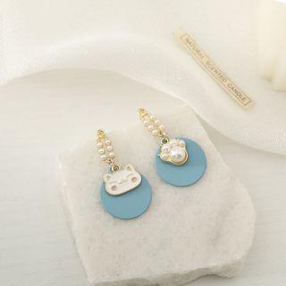 Cat & Paw Faux Pearl Asymmetrical Alloy Dangle Earring 1 Pair - S925 Silver - White & Blue - One Size