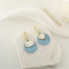 Cat & Paw Faux Pearl Asymmetrical Alloy Dangle Earring 1 Pair - S925 Silver - White & Blue - One Size
