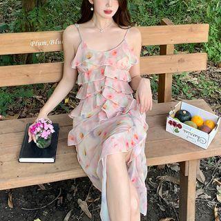 Spaghetti Strap Floral Print Layered A-line Dress