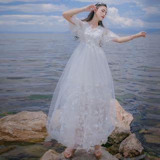 Butterfly Applique Short Sleeve A-line Evening Dress