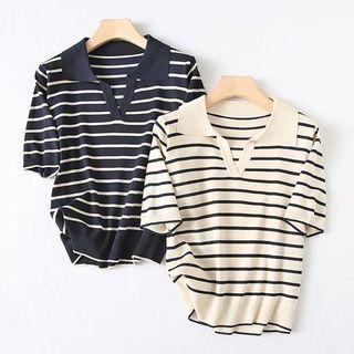 Elbow-sleeve Collar Striped Knit Top