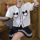 Short-sleeve Bow Blouse / Pleated Mini A-line Skirt