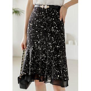 Chiffon-trim Splattered Midi Skirt