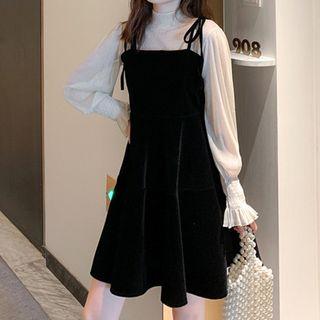Set: Long-sleeve Mesh Top + Spaghetti Strap Mini A-line Dress