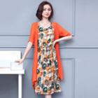 Set: Elbow-sleeve Light Jacket + Sleeveless Floral Midi A-line Dress