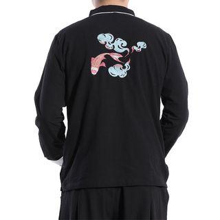 Set: Fish Embroidered Frog-button Shirt + Straight-cut Pants
