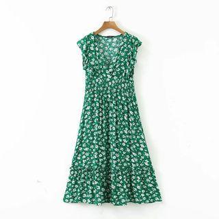 Sleeveless V-neck Ruffle Trim A-line Dress
