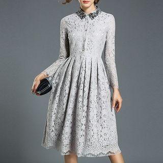 Collared Long Sleeve Midi Lace Dress