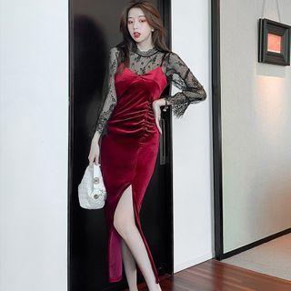 Set: Long-sleeve Lace Top + Side-slit Midi Overall Dress