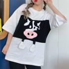 Elbow-sleeve Cow Themed T-shirt