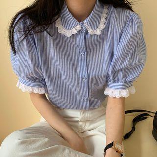 Puff-sleeve Lace Trim Striped Blouse