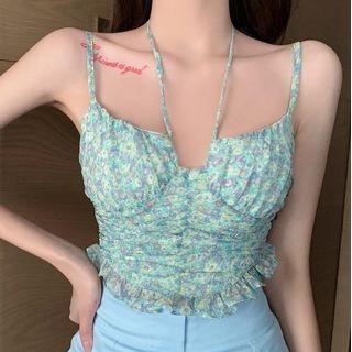 Spaghetti Strap Floral Print Top / Mini Skirt