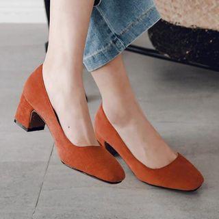 Faux Suede Square Toe Block Heel Pumps