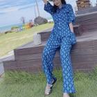 Elbow-sleeve Patterned Buttoned Jumpsuit