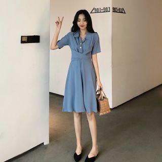 Tie-waist Plain Shirtdress