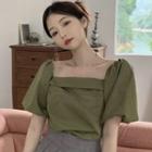 Puff-sleeve Square Neck Plain Blouse Army Green - One Size