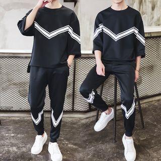 Set: Striped Trim 3/4-sleeve T-shirt + Drawstring Sweatpants