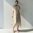 Short-sleeve Pleated Midi Shift Dress