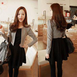 Set: Padded Shoulder Open Front Jacket + Mini A-line Tank Dress