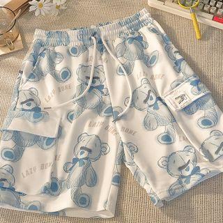 Bear Print Wide Leg Cargo Shorts