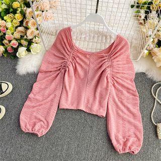 Square-neck Ruched Long-sleeve Blouse