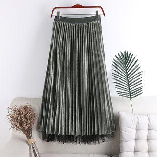 Polka Dot Mesh Paneled A-line Midi Velvet Pleated Skirt