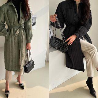 Pocket-detail Quilted Coat With Sash