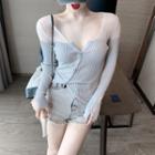 Mesh Panel Long-sleeve Knit Top As Shown In Figure - One Size