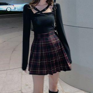 Set: Cross-strap Plain Top + Check Pleated Skirt