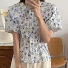 Puff-sleeve Wide Collar Floral Blouse Blue & White - One Size