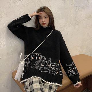 Contrast Trim Cartoon Cat Mock Neck Sweater
