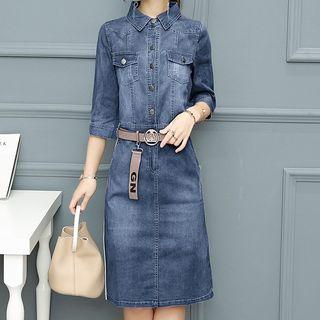 3/4-sleeve Contrast Stripe Denim Dress