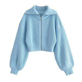 Lantern-sleeve Zip-up Cardigan