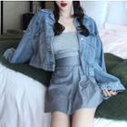Cropped Buttoned Denim Jacket Blue - One Size
