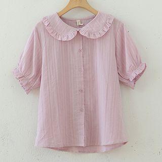 Peter Pan-collar Ruffle Trim Short-sleeve Plain Blouse